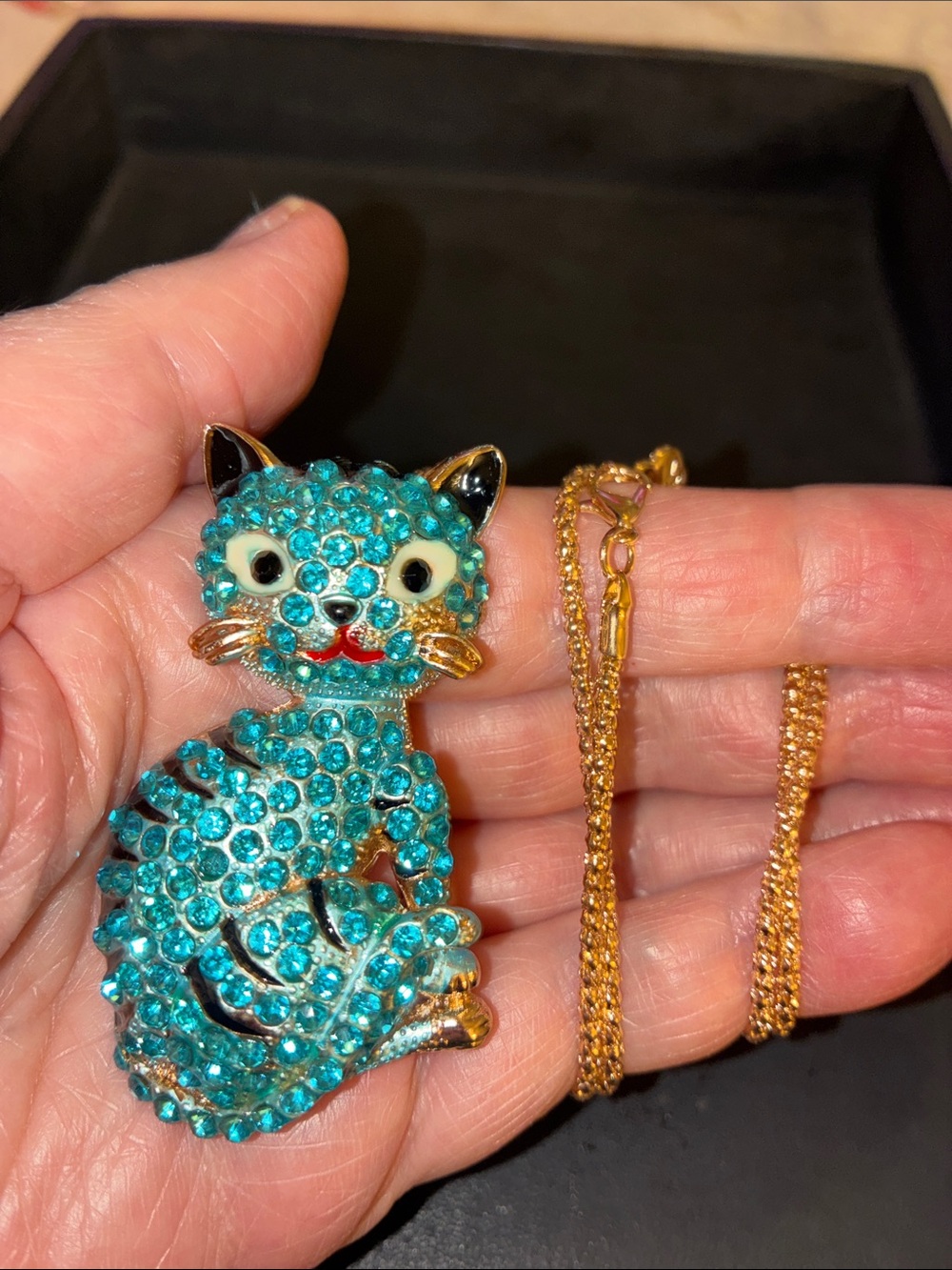 Cat Pendant Necklace - Turquoise Crystal Cat with Gold Chain